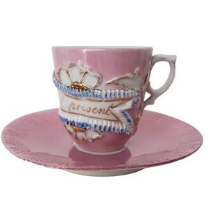Charming Vintage German Porcelain 'A Present' Embossed Pink Cup Set